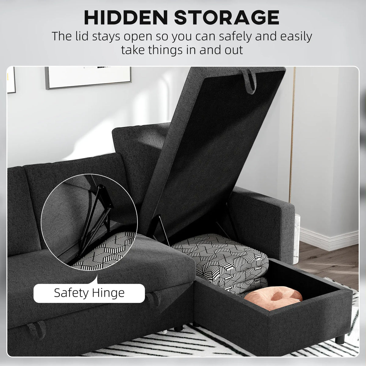 Convertible Corner Sofa Bed, Built-In Storage, 3 Removable Cushions, Black Sofas & Reclining Chairs at Gallery Canada