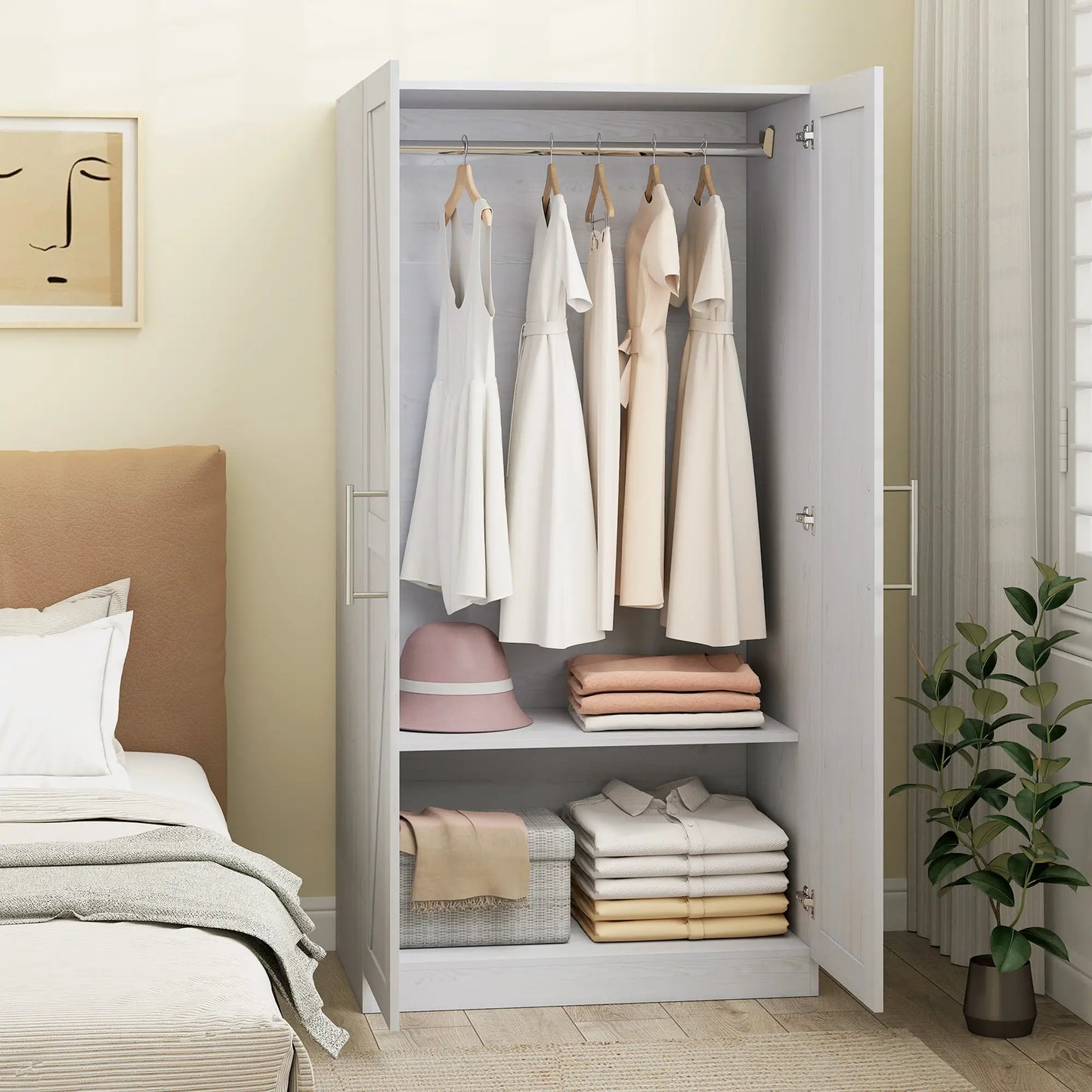 Farmhouse Armoire Wardrobe, 2 Barn Doors, White Wood Effect, White Clothing Storage at Gallery Canada