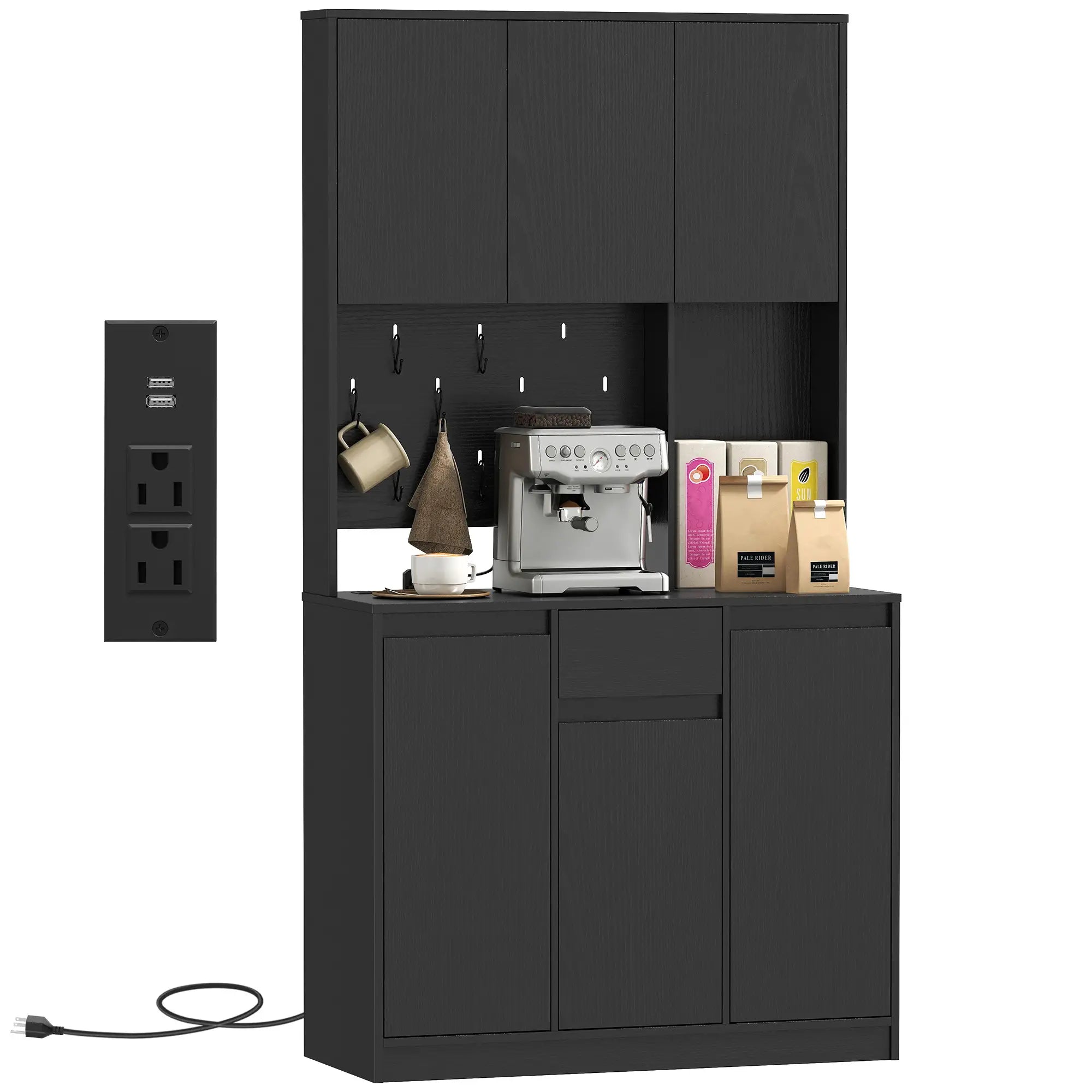 71 Inch Pantry Cabinet with Charging Station, Microwave Stand, Black Kitchen Pantry Cabinets at Gallery Canada