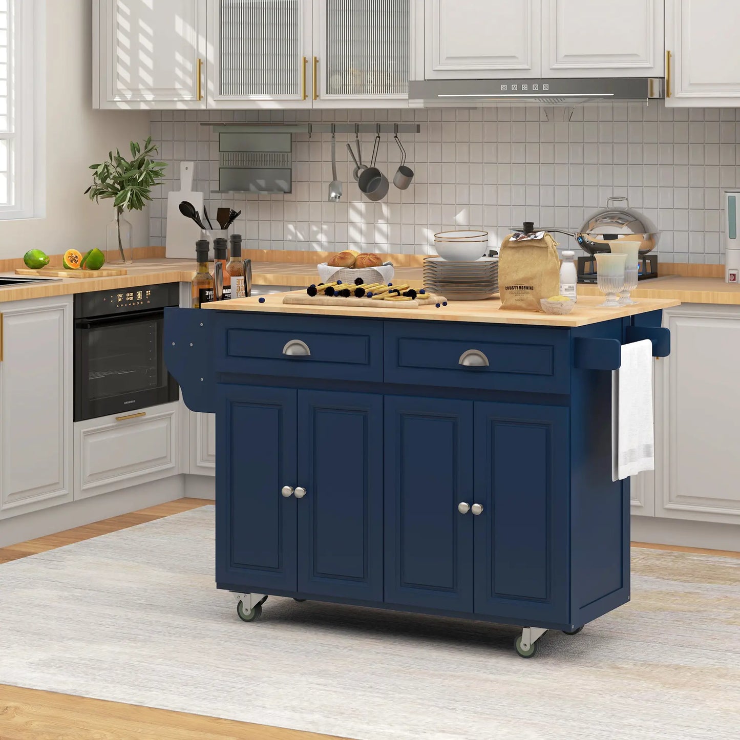 Kitchen Island with Storage, Drop Leaf, Rubber Wood Top, Navy Blue Kitchen Islands & Kitchen Carts at Gallery Canada
