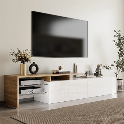 TV Stand With Glass Shelves, LED Lighting, 67" L x 13" W x 13" H, Natural, White TV Stands at Gallery Canada