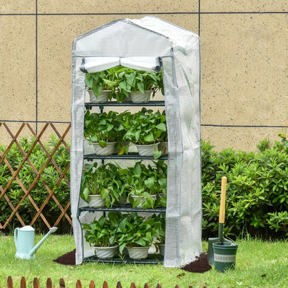 Portable Greenhouse With 4 Tier Shelves, Steel Frame, PE Cover, 28" x 20" x 63", White