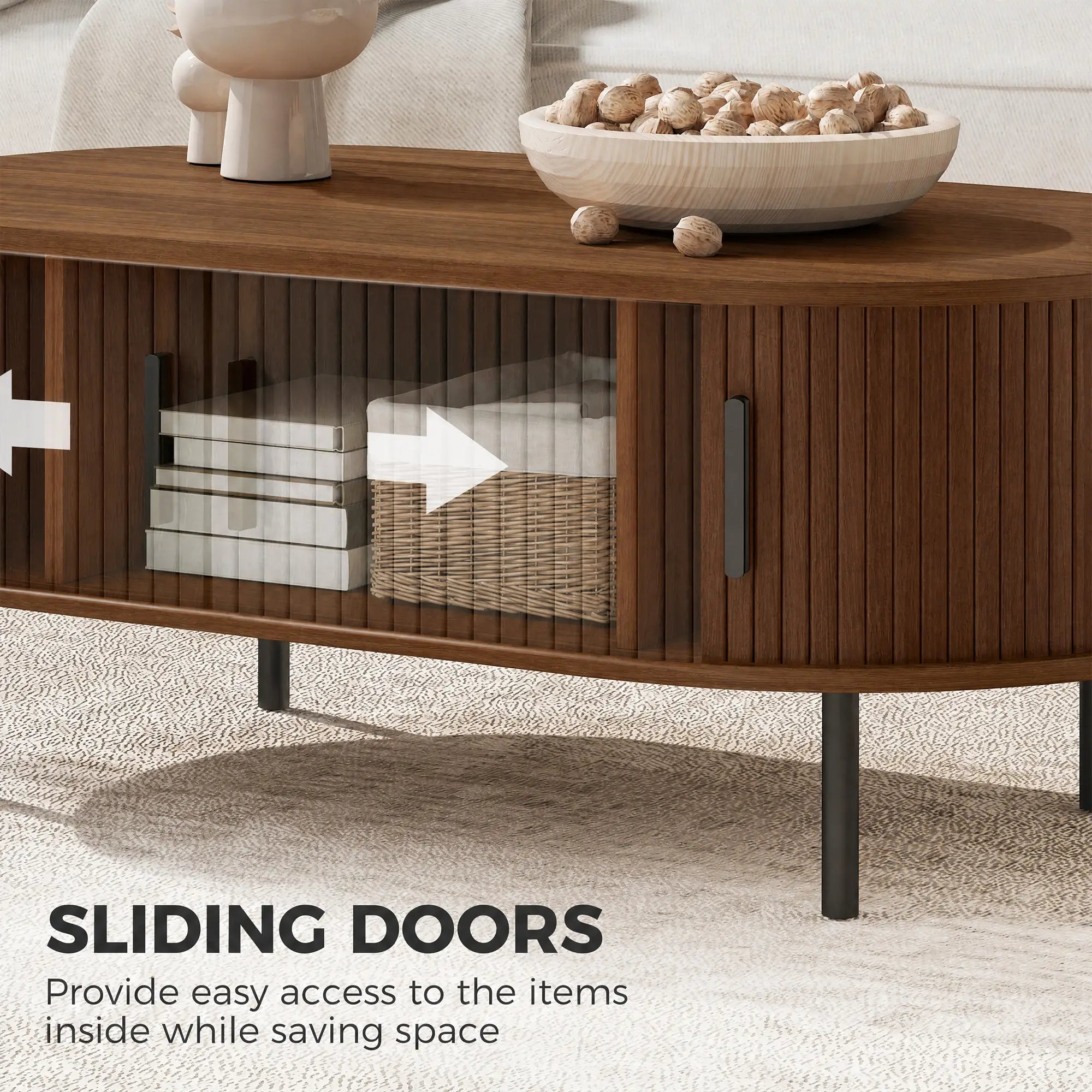 Coffee Table with Sliding Tambour Doors and Storage Center Table with Metal Legs, 39