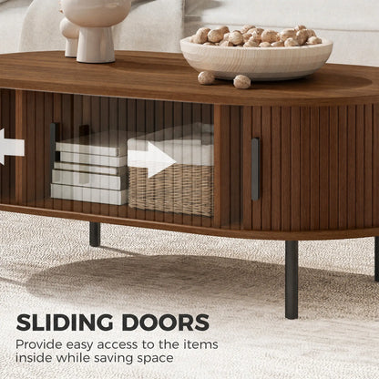 Coffee Table with Sliding Tambour Doors and Storage Center Table with Metal Legs, 39", Brown Coffee Tables at Gallery Canada