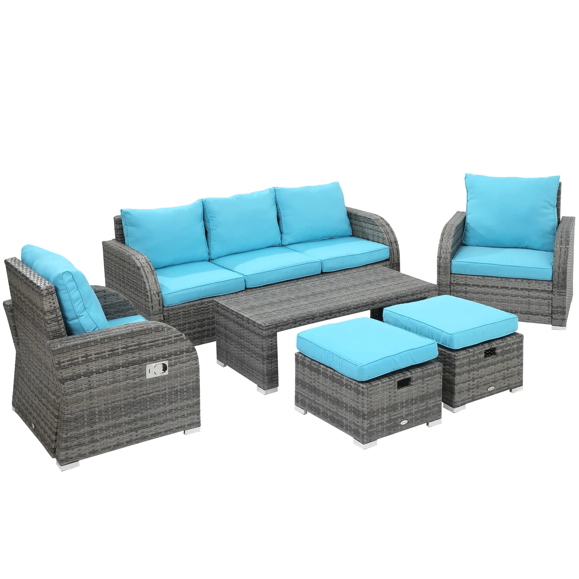 6-Piece Patio Furniture Set, Wicker Sectional Sofa, 2 Recliners, 2 Footstools, Table, Sky Blue Patio Furniture Sets Sky Blue Cushion, Mixed Grey Rattan at Gallery Canada