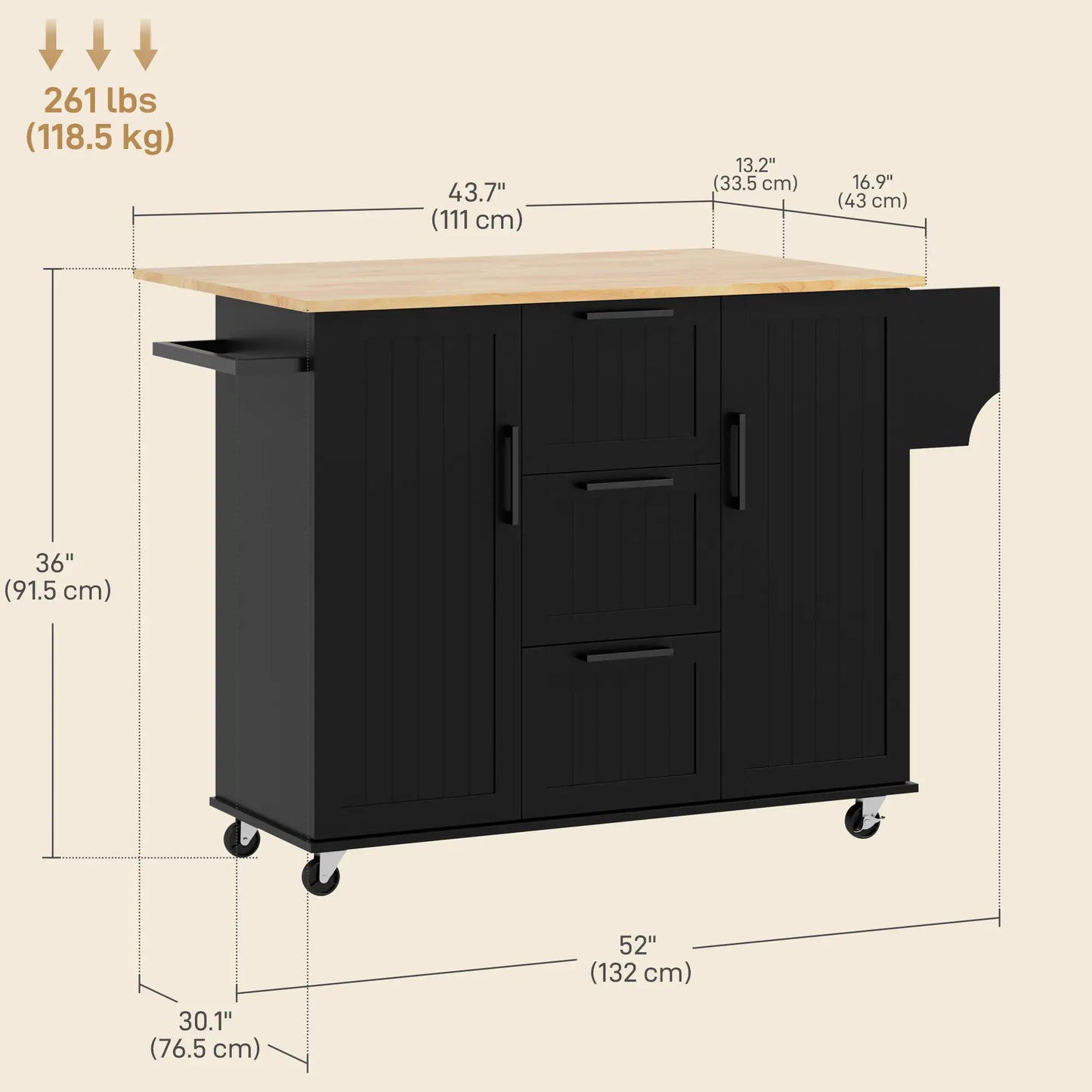 Rolling Kitchen Cart, Drop Leaf, 3 Drawers, Solid Wood Top, Black Kitchen Islands & Kitchen Carts at Gallery Canada
