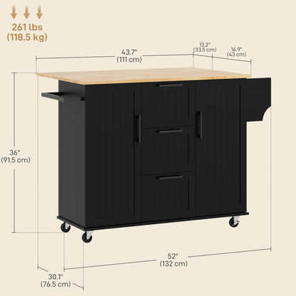 Rolling Kitchen Cart, Drop Leaf, 3 Drawers, Solid Wood Top, Black Kitchen Islands & Kitchen Carts at Gallery Canada