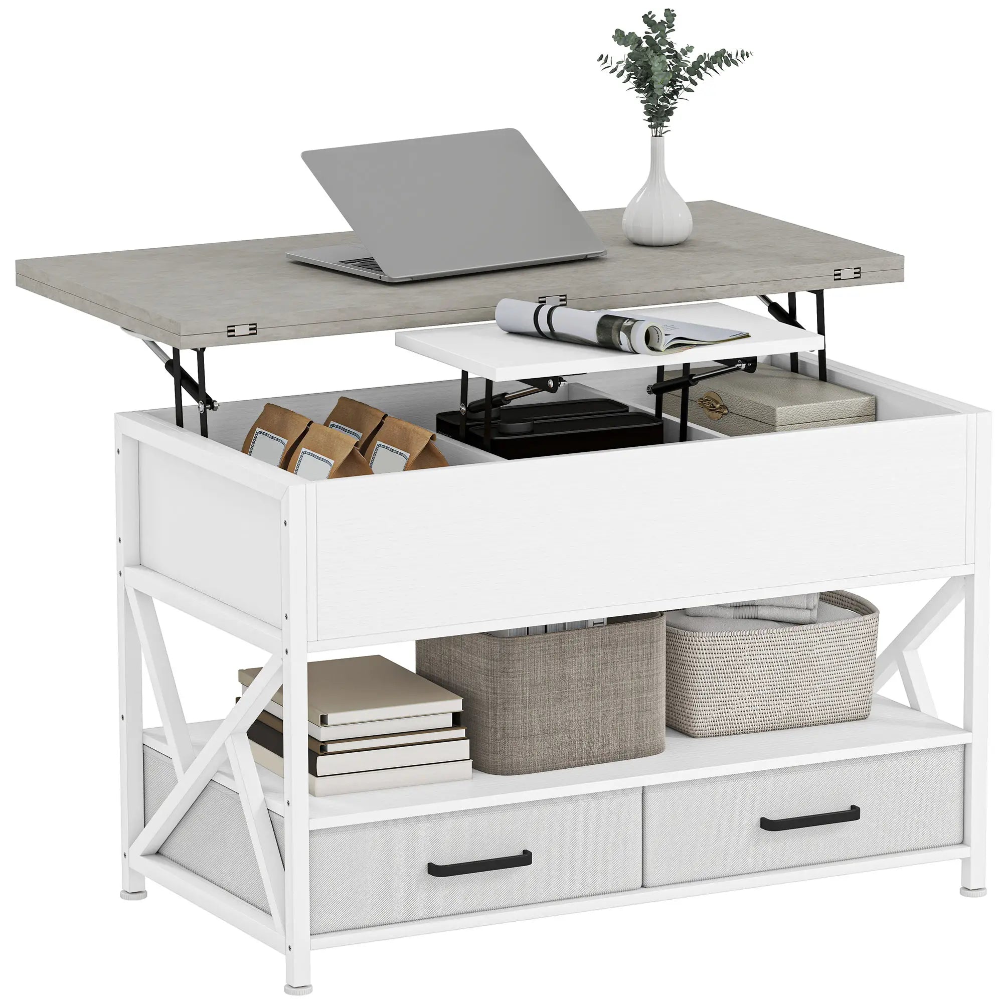 Modern Coffee Table, Lift Top with Fabric Drawers, Hidden Storage, Cement Grey Coffee Tables White, Cement Grey at Gallery Canada