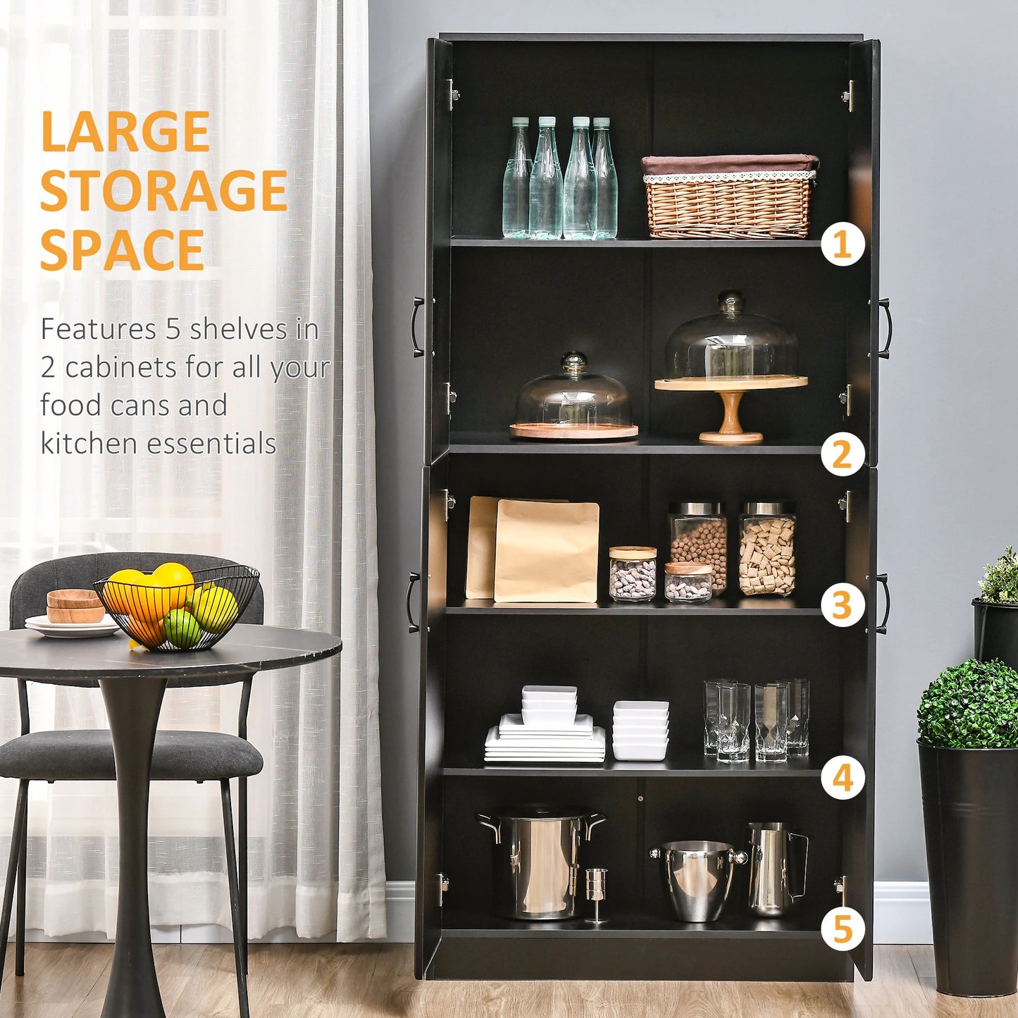71" Freestanding Kitchen Pantry Cabinet, 4 Doors, Adjustable Shelves, Black Kitchen Pantry Cabinets at Gallery Canada