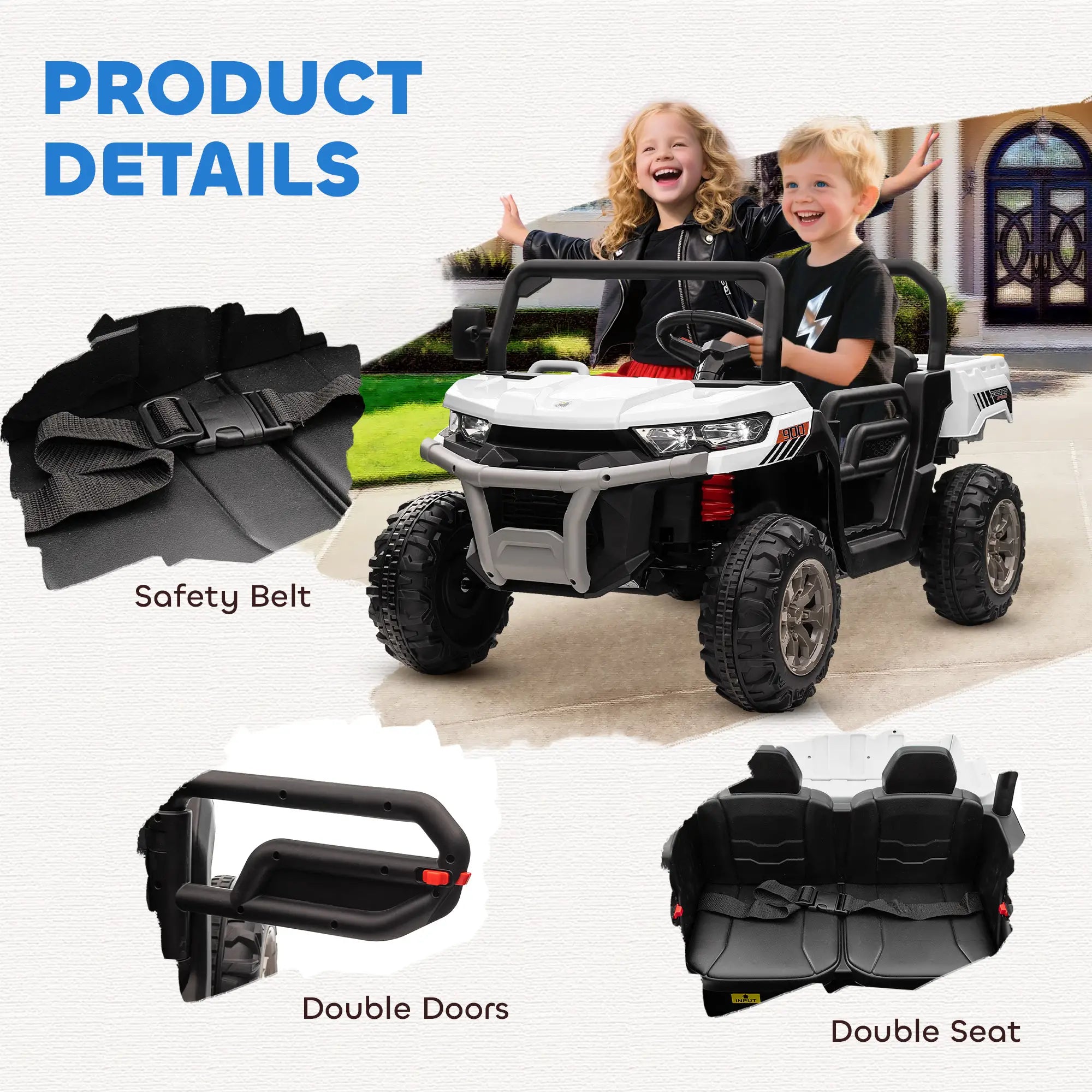 12V Ride On Car, Electric Bucket, Two-Seater, White Electric Toy Cars at Gallery Canada