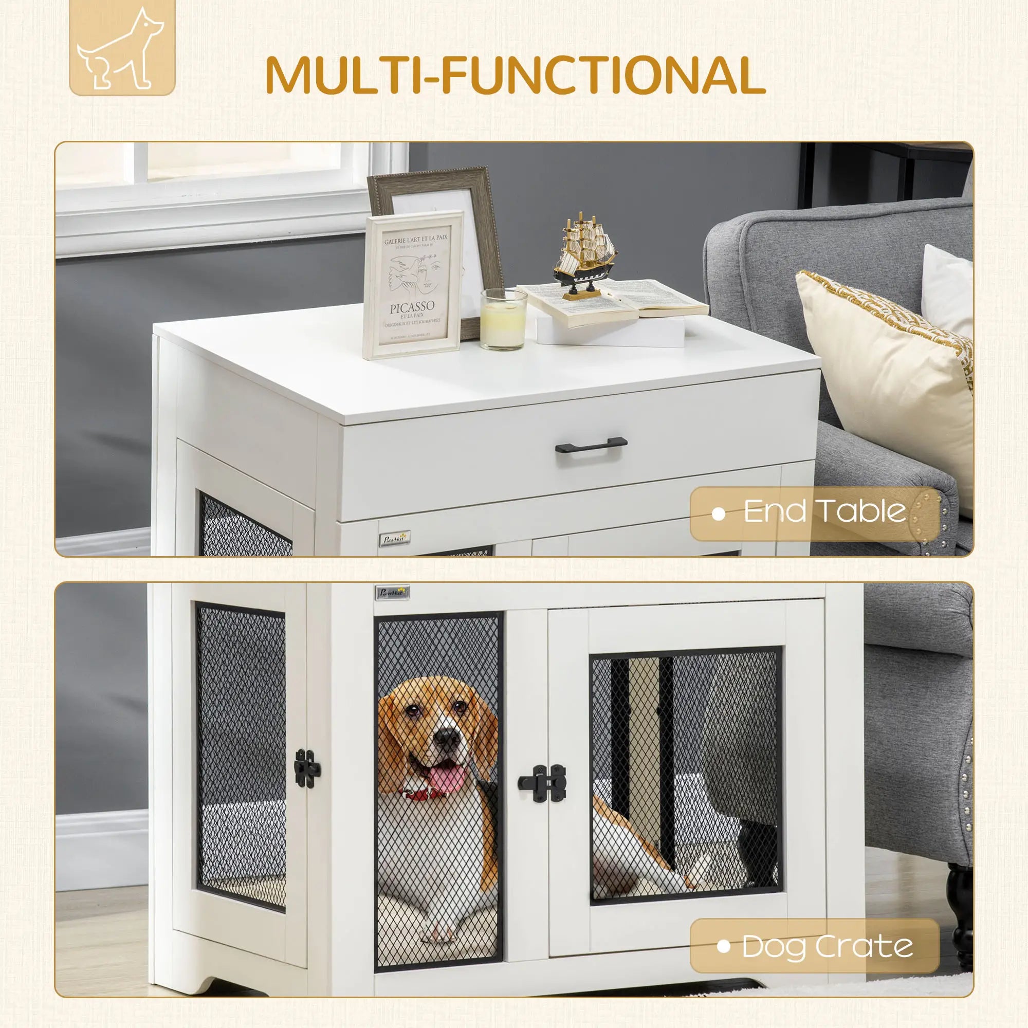 Dog Crate Furniture with Cushion, 2 Doors, Storage, White Houses, Kennels & Pens at Gallery Canada
