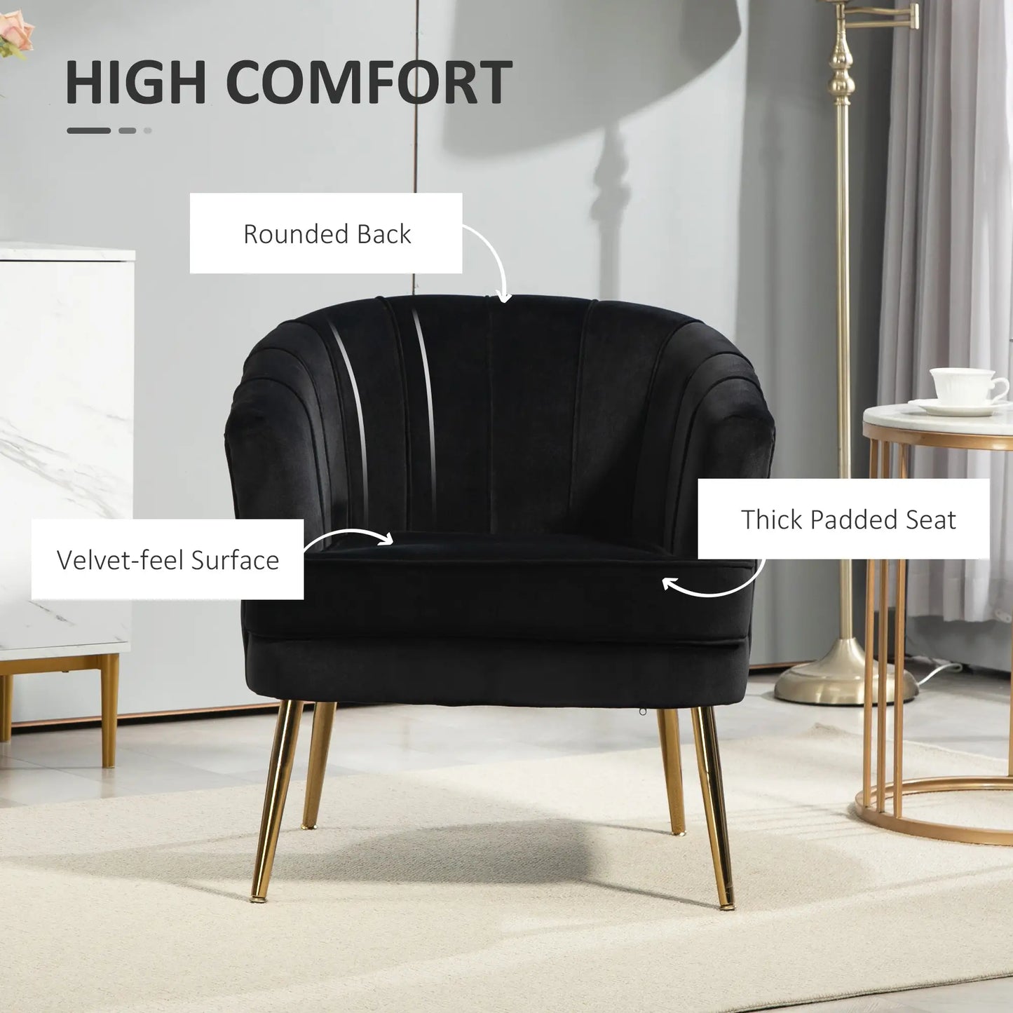 Modern Fabric Armchair, Gold Metal Legs, Living Room, Black Accent Chairs at Gallery Canada