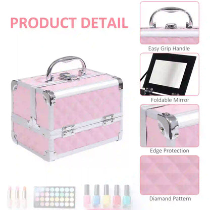 3 Tier Diamond Texture Makeup Case, Cosmetic Organizer with Mirror, Pink Makeup Cases at Gallery Canada