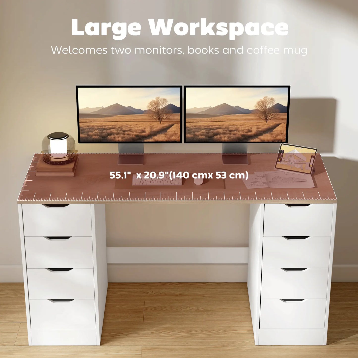 Desk With 8 Drawers, 55.1"W, White, Modern Computer Desk, White