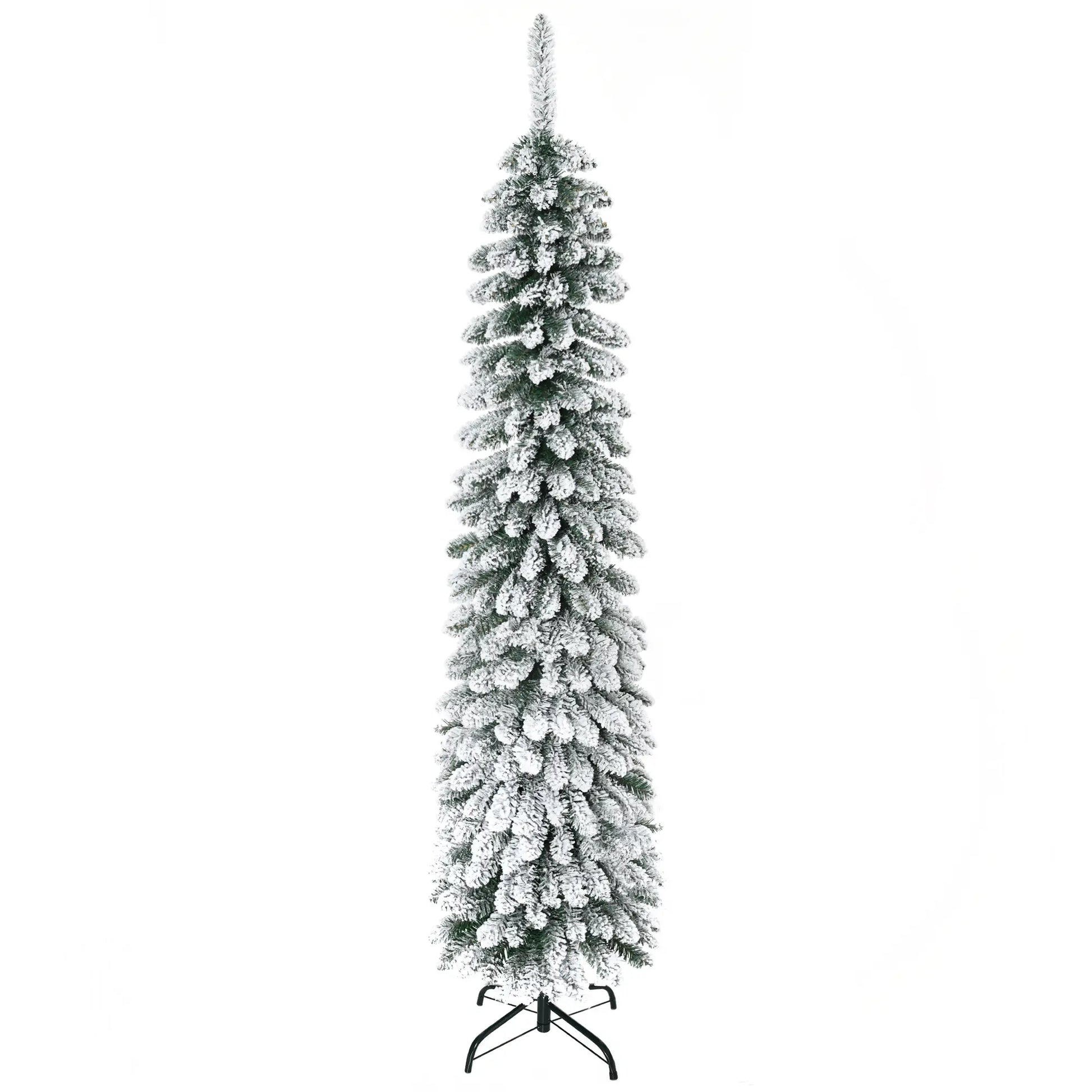 6 Ft Snow-Flocked Artificial Christmas Tree, Slim Pencil, Metal Base, Green Artificial Christmas Trees at Gallery Canada