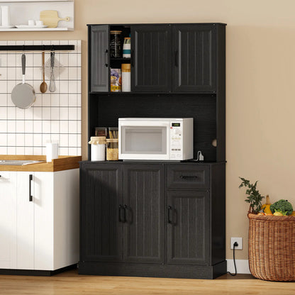 71 Inch Pantry Cabinet with Charging Station, Microwave Stand, Adjustable Shelves, Black Kitchen Pantry Cabinets at Gallery Canada