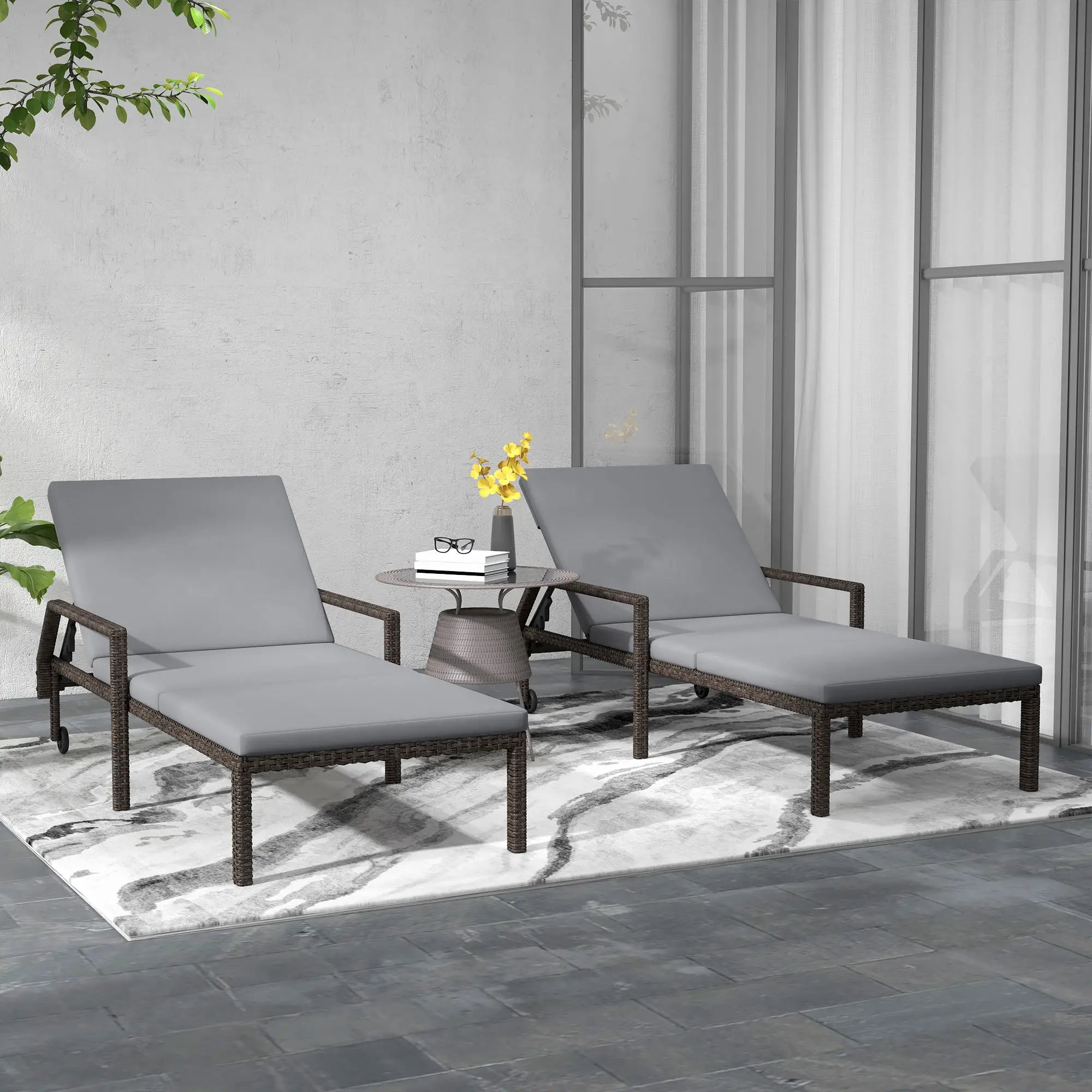 2 Piece Wicker Chaise Lounger, PE Rattan Outdoor Chair, Adjustable Backrest, 2 Wheels, Grey Chaise Loungers at Gallery Canada