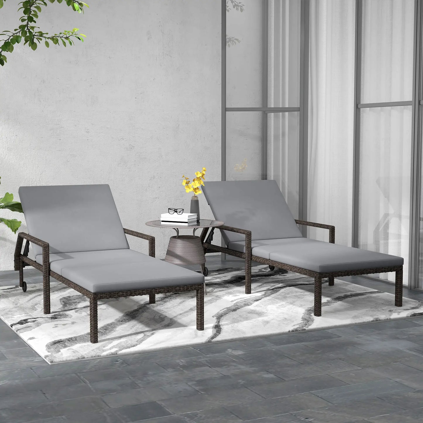 2 Piece Wicker Chaise Lounger, PE Rattan Outdoor Chair, Adjustable Backrest, 2 Wheels, Grey Chaise Loungers at Gallery Canada