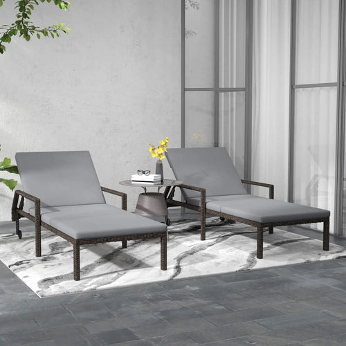 2 Piece Wicker Chaise Lounger, PE Rattan Outdoor Chair, Adjustable Backrest, 2 Wheels, Grey