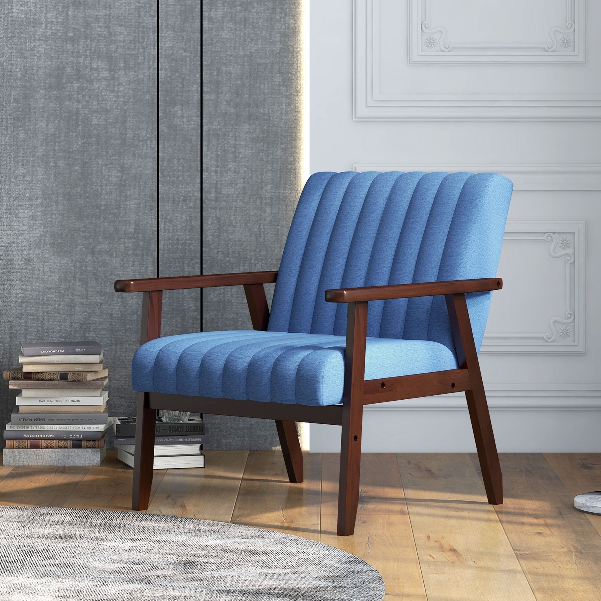 Upholstered Armchair, Modern Accent Chair with Wood Legs and Tufting Design for Living Room, Bedroom, Dark Blue - Gallery Canada
