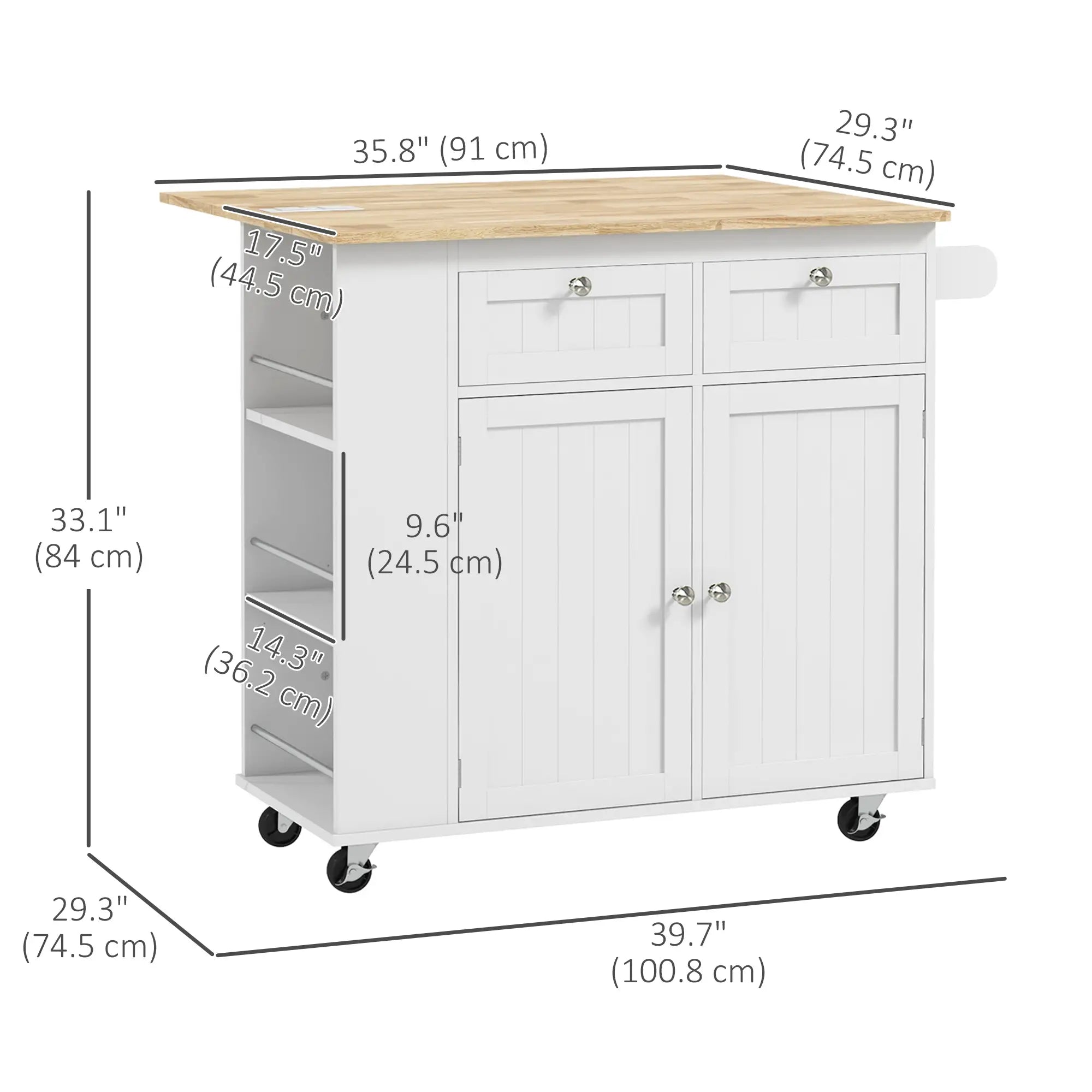 Kitchen Island with Power Outlet and Drop Leaf, Rolling Kitchen Cart with 2 Drawers and Adjustable Shelves, White Kitchen Islands & Kitchen Carts at Gallery Canada