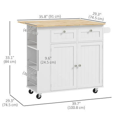 Kitchen Island with Power Outlet and Drop Leaf, Rolling Kitchen Cart with 2 Drawers and Adjustable Shelves, White Kitchen Islands & Kitchen Carts at Gallery Canada