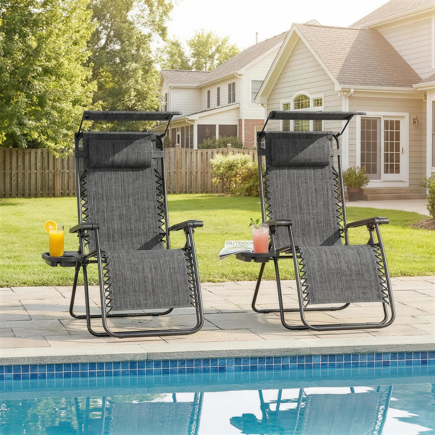 2 Piece Foldable Lounge Chair with Canopy, Outdoor Zero Gravity Chair, Dark Grey Lounger Chairs at Gallery Canada