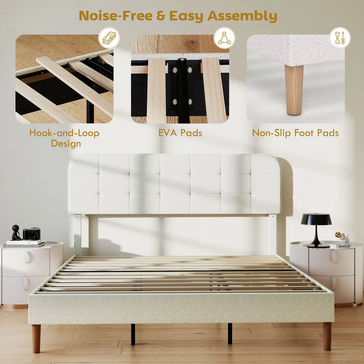 King Size Bed Frame, Adjustable Headboard, Upholstered Platform, White