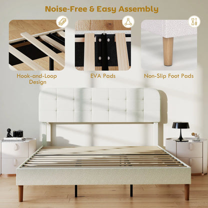 King Size Bed Frame, Adjustable Headboard, Upholstered Platform, White