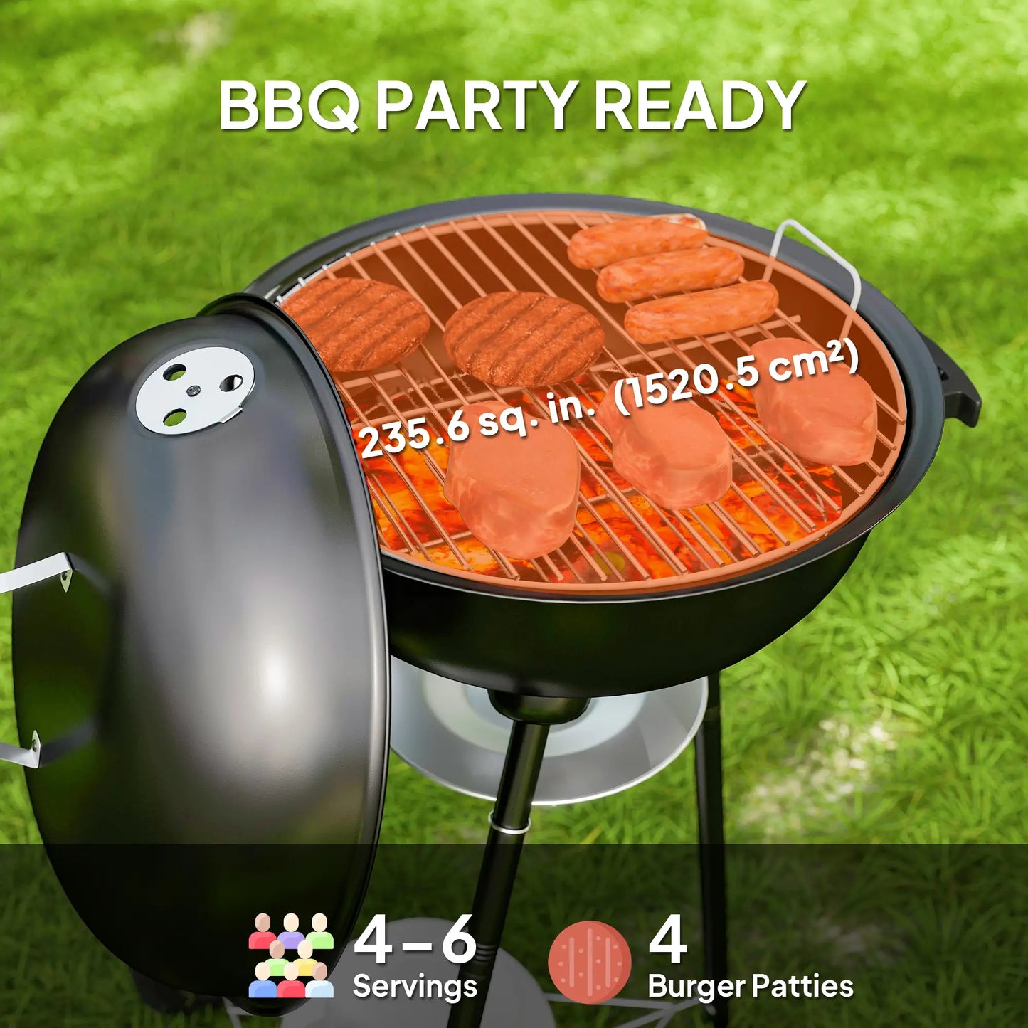 17" Charcoal BBQ Grill With Shelf, Ash Catcher, Wheels, Black