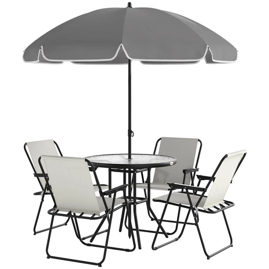 6 Piece Patio Dining Set, Glass Table, Folding Chairs, Cream White
