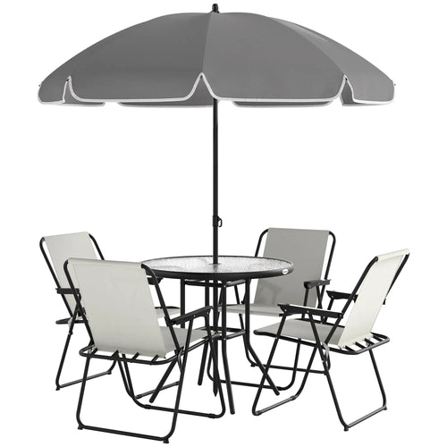 6 Piece Patio Dining Set, Glass Table, Folding Chairs, Cream White