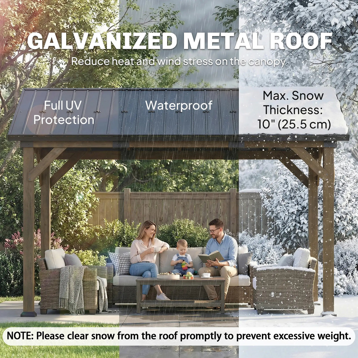 13' x 11' Hardtop Gazebo, Galvanised Metal Roof, Fir Wood Frame, Black Grey