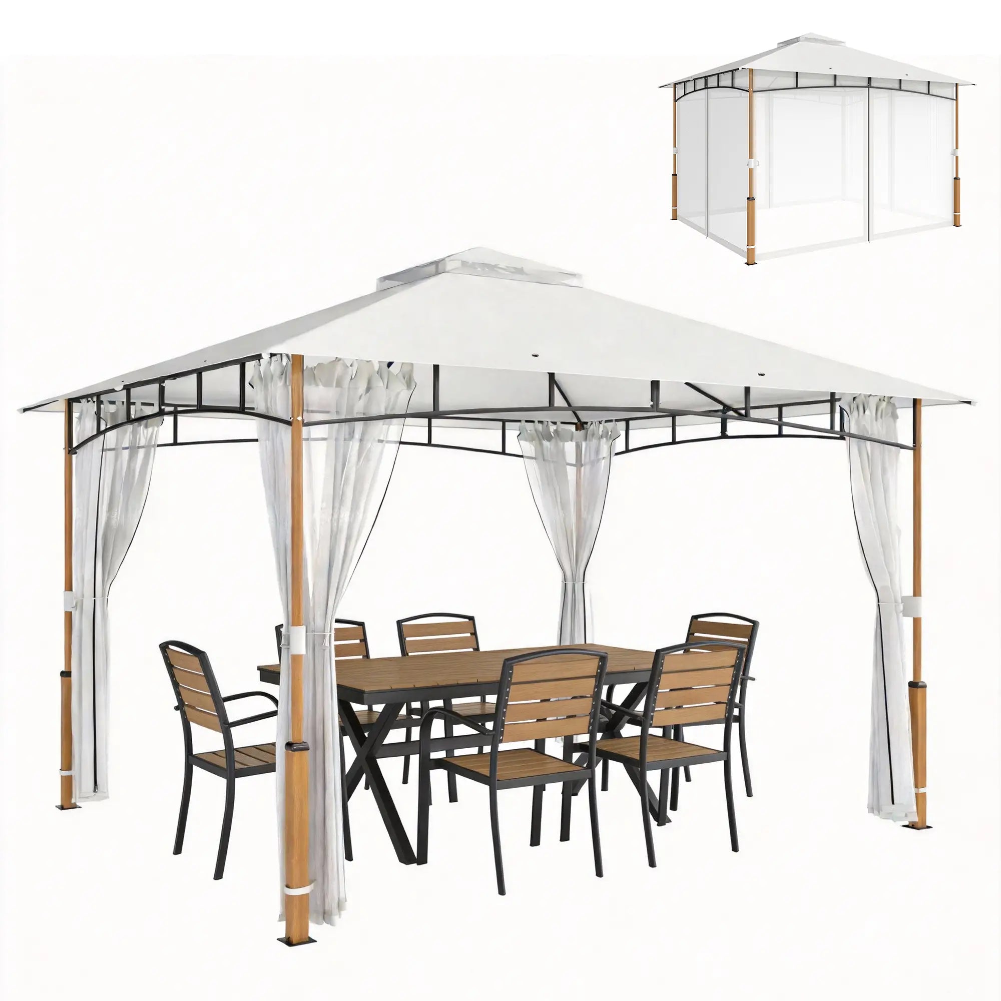 10' x 12' Cream White Patio Gazebo, UPF50+ Double Roof With Netting, Cream White Gazebos Teak, Cream White at Gallery Canada