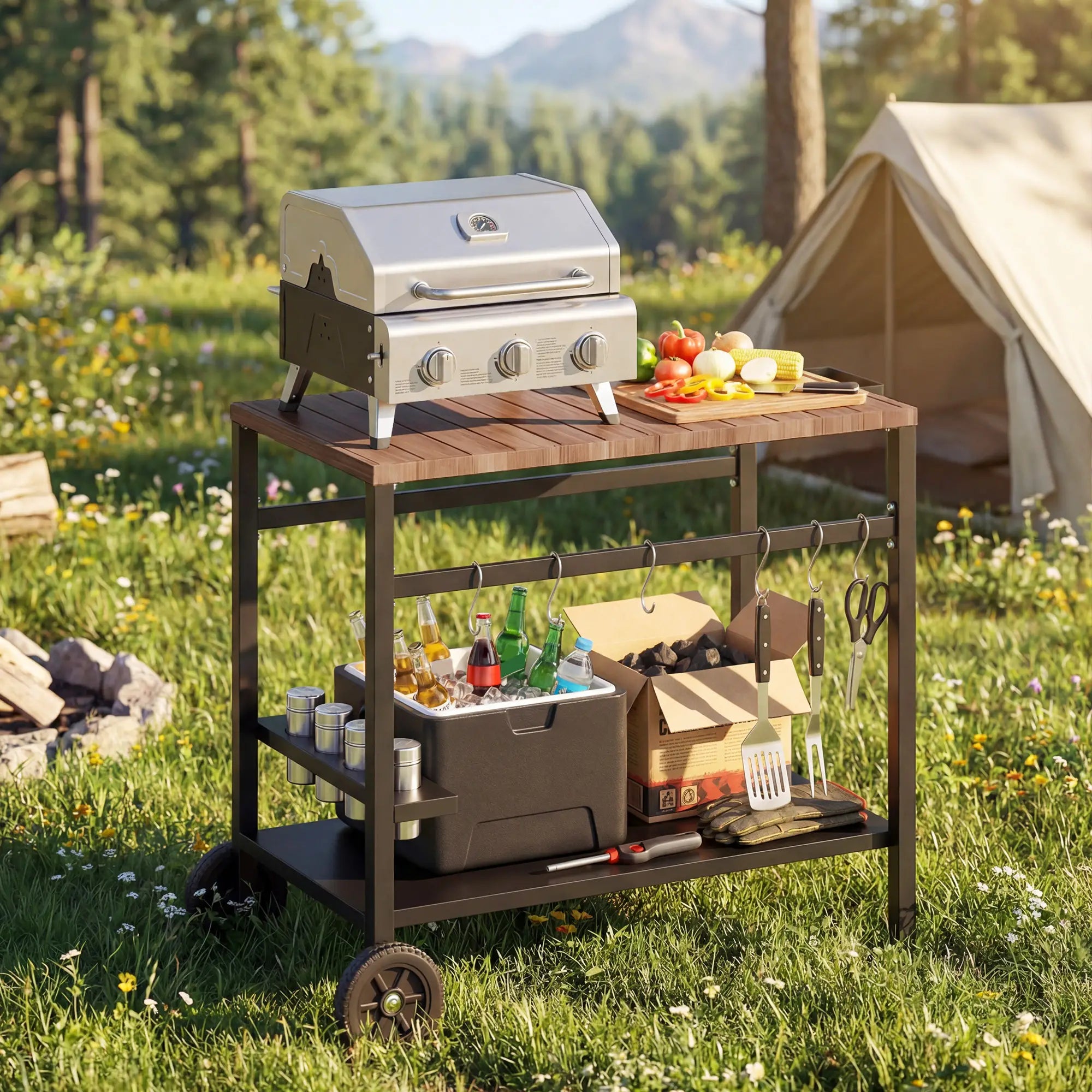 Outdoor Grill Cart, 2-Tier Pizza Oven Stand, Black And Brown Outdoor Grill Carts at Gallery Canada