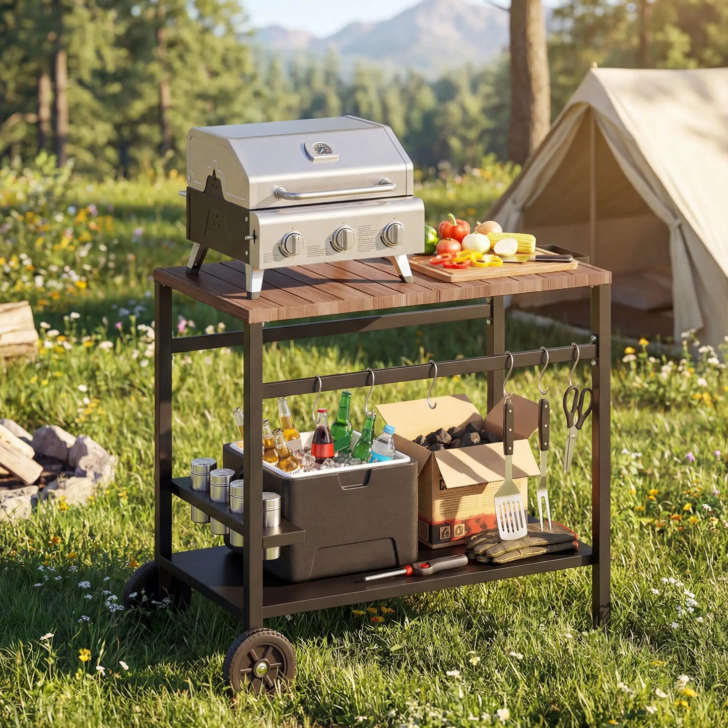 Outdoor Grill Cart, 2-Tier Pizza Oven Stand, Black And Brown Outdoor Grill Carts at Gallery Canada