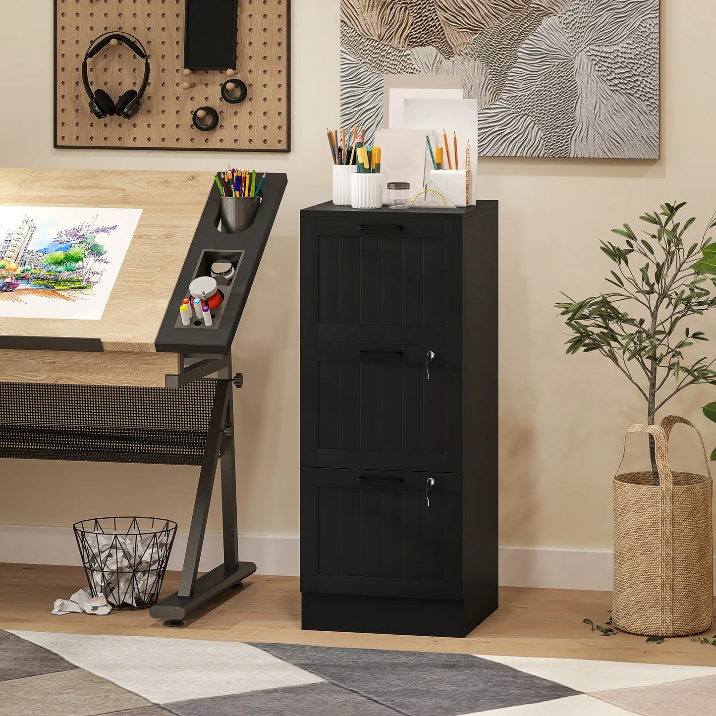 3 Drawer Filing Cabinet with Lock, Adjustable Hanging Bars, Black Office Cabinets & Cupboards at Gallery Canada