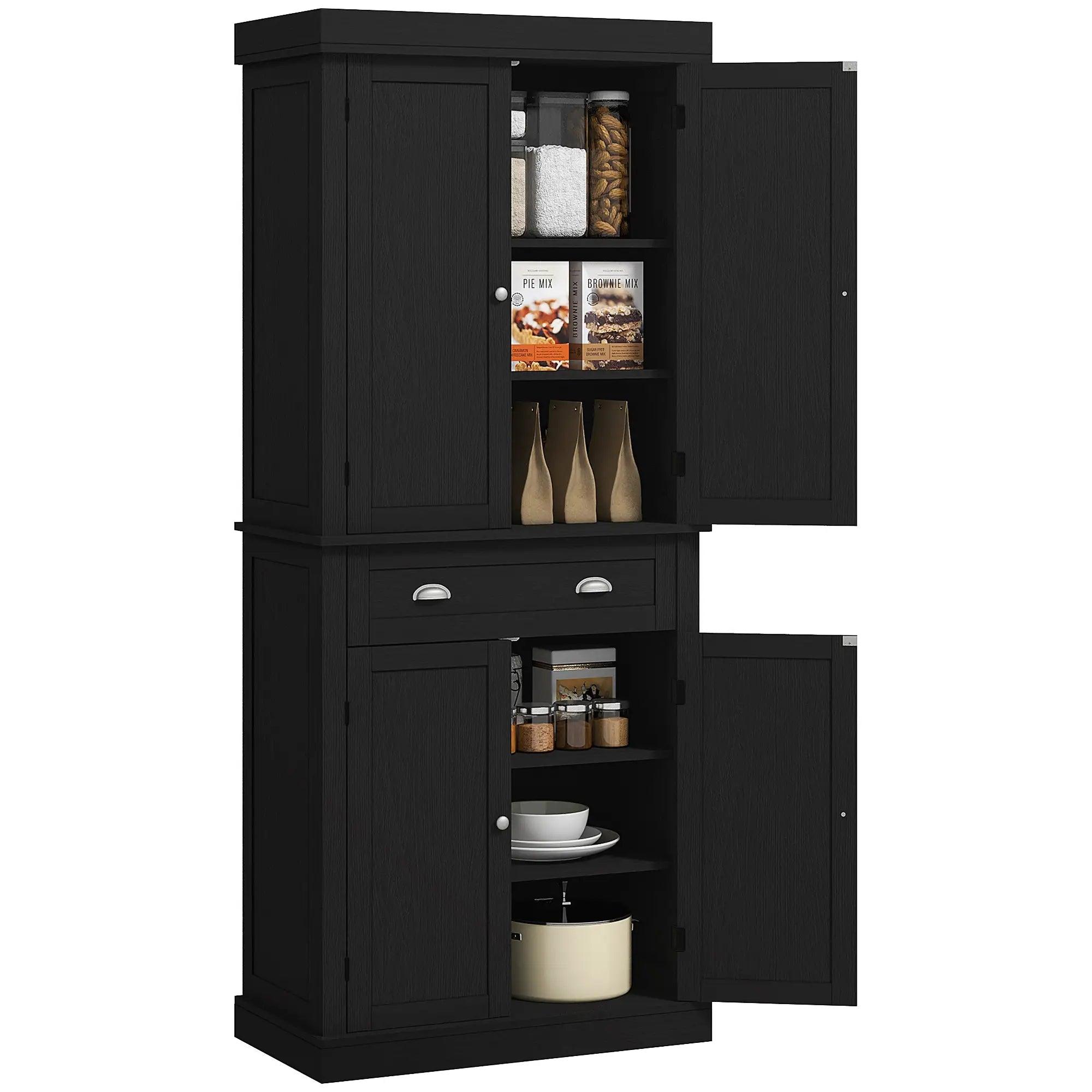 72 Inch Tall Pantry Cabinet, 4 Door Kitchen Storage, Black Wood Grain, Black Kitchen Pantry Cabinets at Gallery Canada