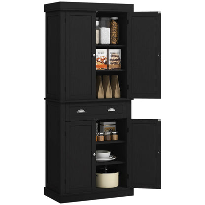 72 Inch Tall Pantry Cabinet, 4 Door Kitchen Storage, Black Wood Grain, Black Kitchen Pantry Cabinets at Gallery Canada