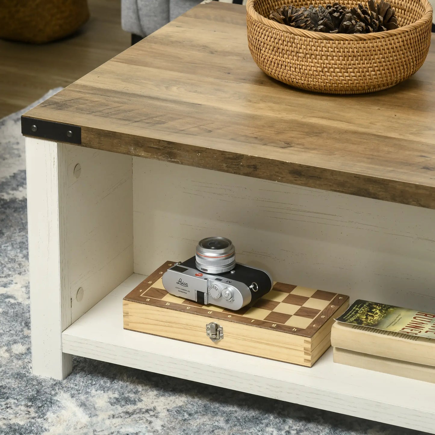 Industrial Coffee Table with Drawer, Open Shelf, Farmhouse Style, Brown Coffee Tables at Gallery Canada