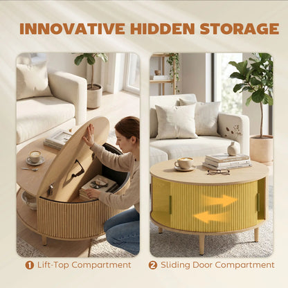 31.5" Round Coffee Table, Storage, Sliding Door, Natural Coffee Tables at Gallery Canada