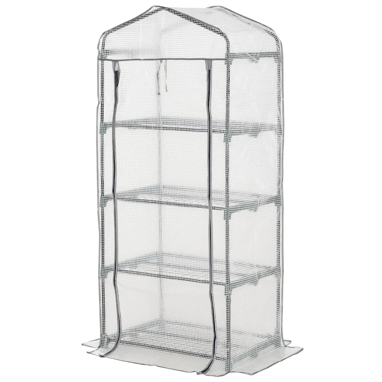 Portable Greenhouse With 4 Tier Shelves, Steel Frame, PE Cover, 28" x 20" x 63", White