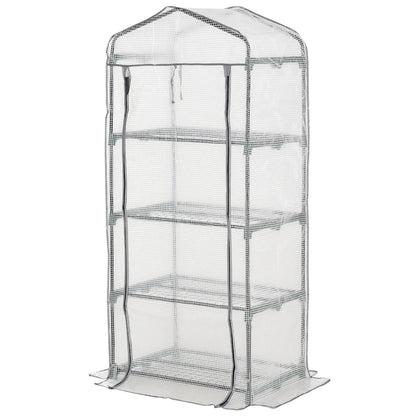 Portable Greenhouse With 4 Tier Shelves, Steel Frame, PE Cover, 28" x 20" x 63", White