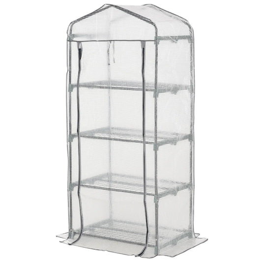 Portable Greenhouse With 4 Tier Shelves, Steel Frame, PE Cover, 28" x 20" x 63", White