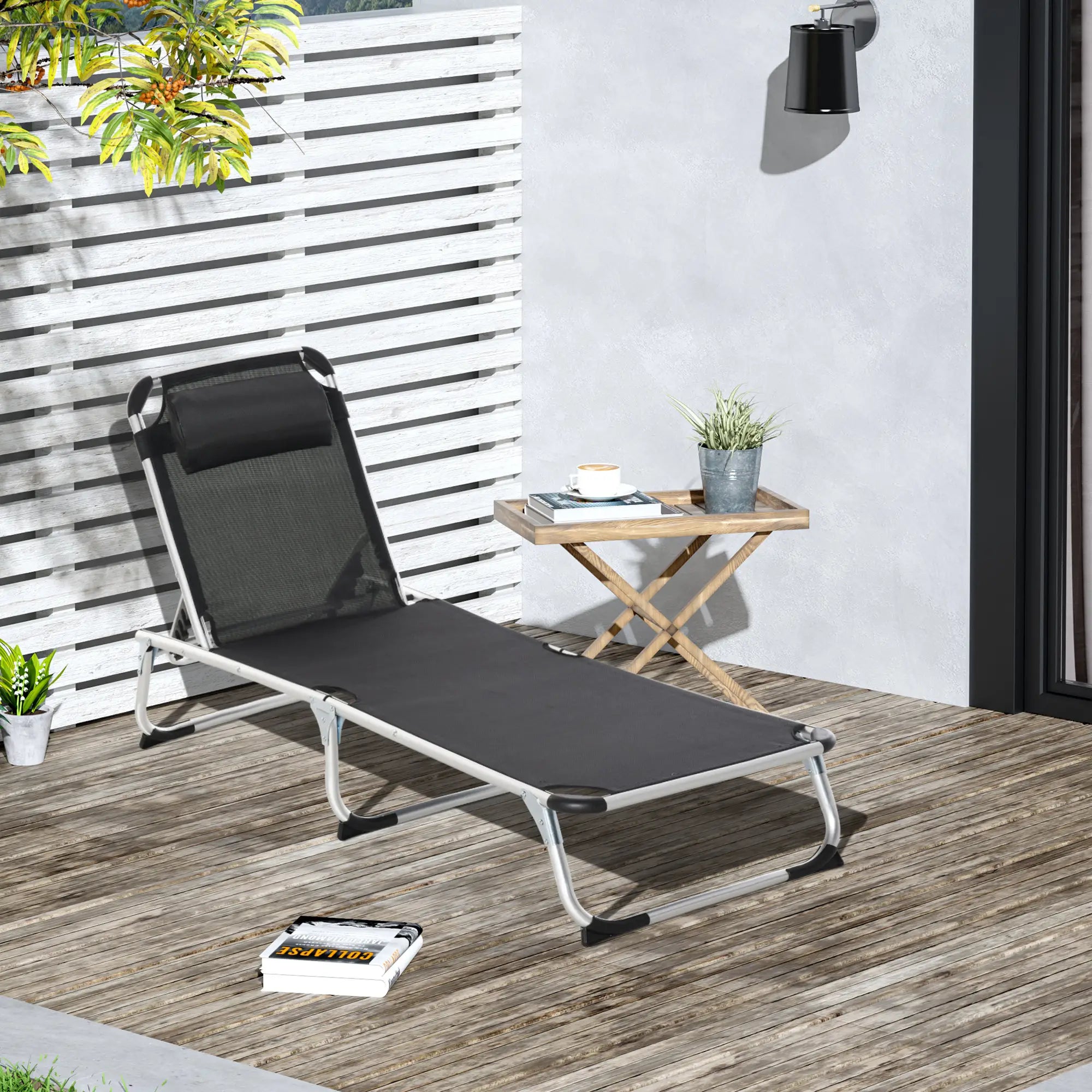 Folding Lounge Chair, Adjustable Backrest, Aluminum Frame, Black Lounger Chairs at Gallery Canada