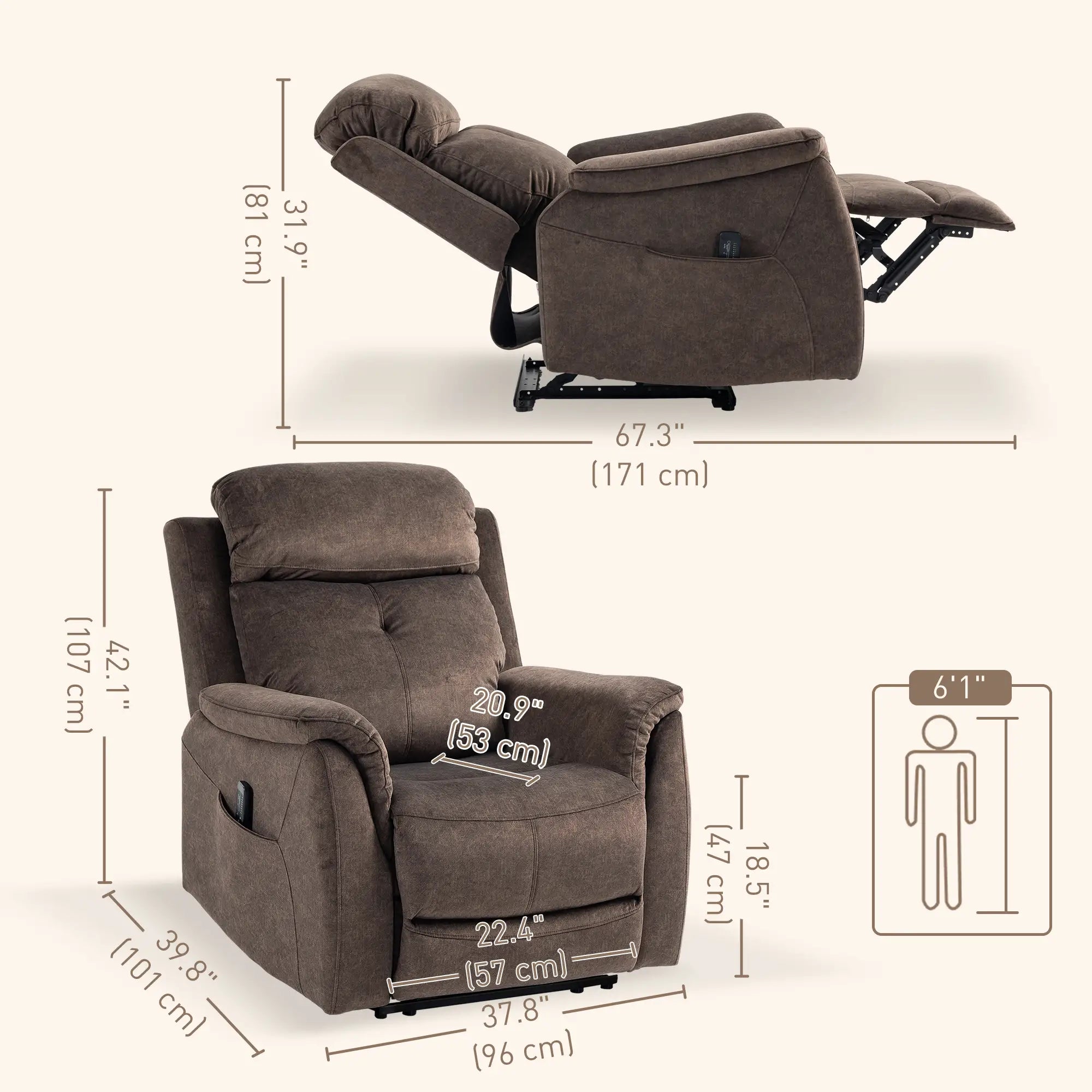 Manual Recliner Chair with Vibration Massage, Reclining Chair for Living Room with Side Pockets, Brown Single Sofas at Gallery Canada