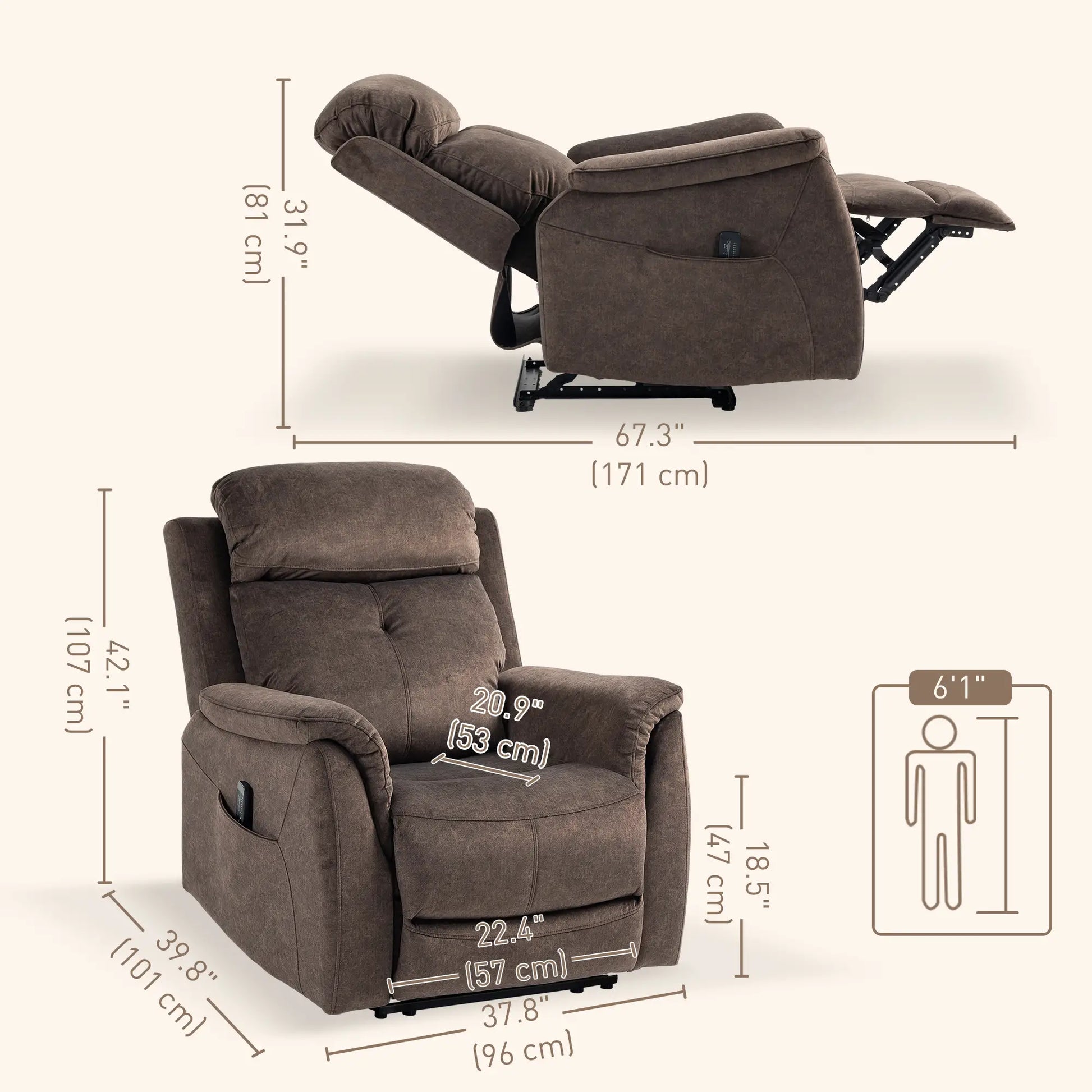 Manual Recliner Chair with Vibration Massage, Reclining Chair for Living Room with Side Pockets, Brown Single Sofas at Gallery Canada