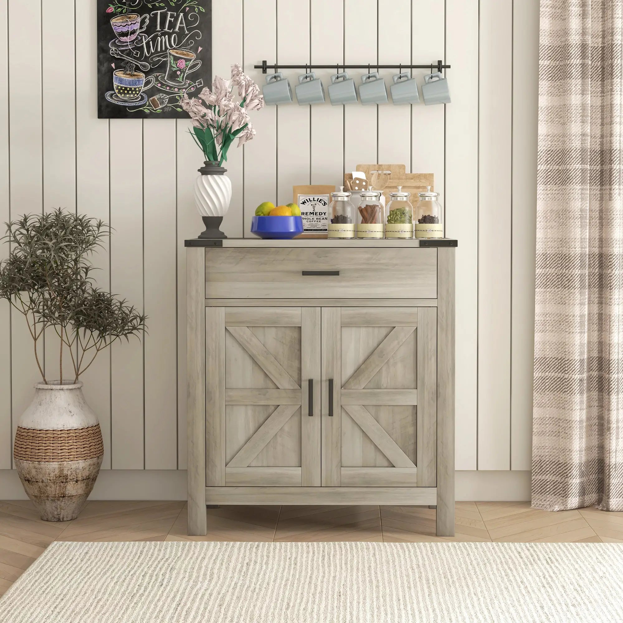 Farmhouse Buffet Cabinet, 1 Drawer, Storage Cabinet, Adjustable Shelf, Grey Bar Cabinets at Gallery Canada