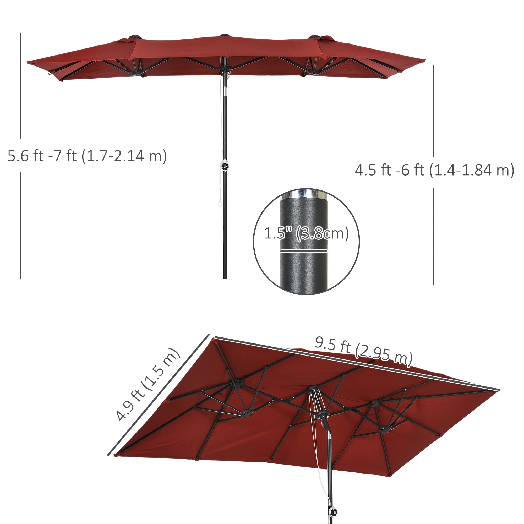 Double-Sided Patio Umbrella with Tilt, Adjustable Height, 12 Ribs, Wine Red Sun Umbrellas at Gallery Canada