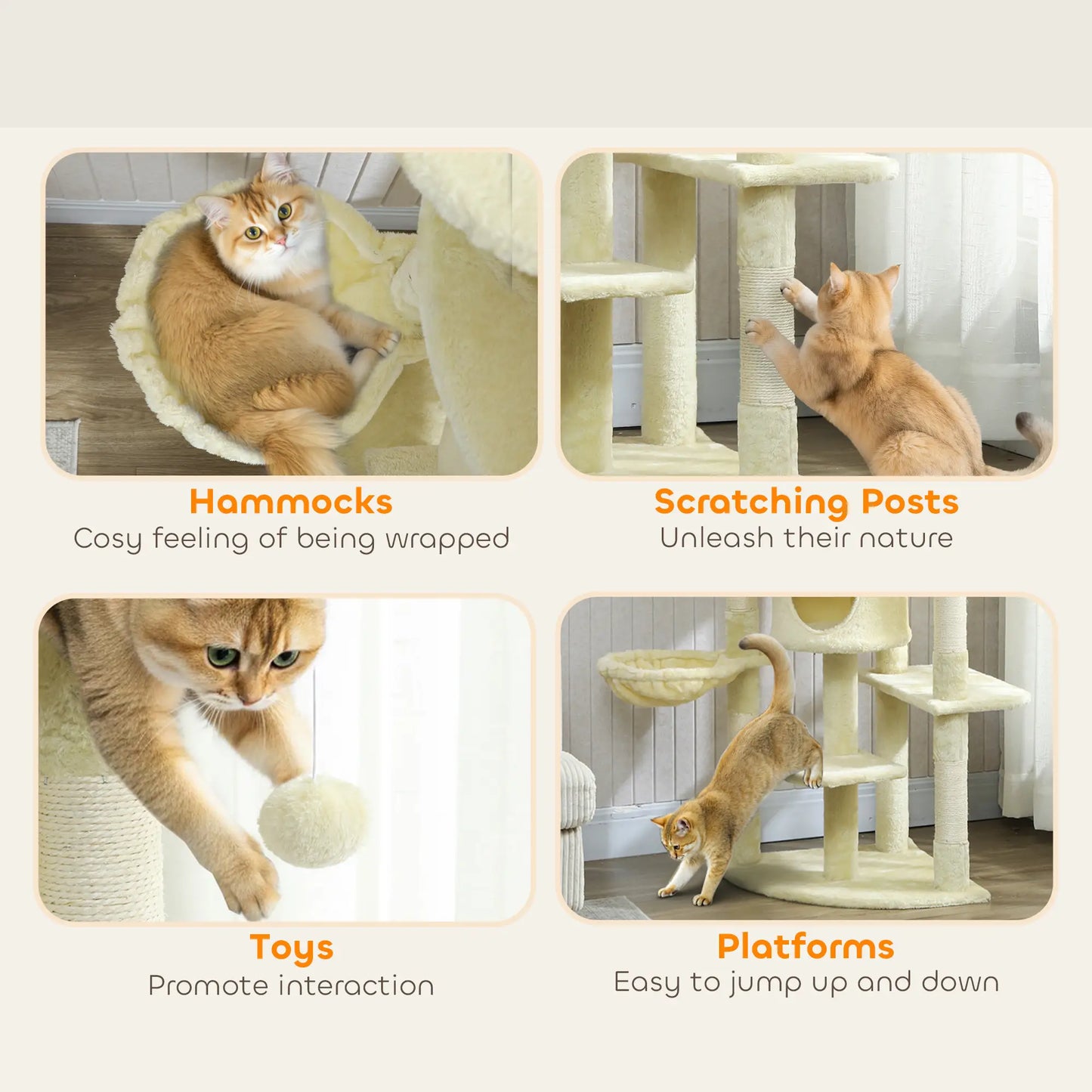 62" Cat Tree, Scratching Post, 2 Condos, Hammock, Perches, Beige Multi-Level Cat Towers at Gallery Canada